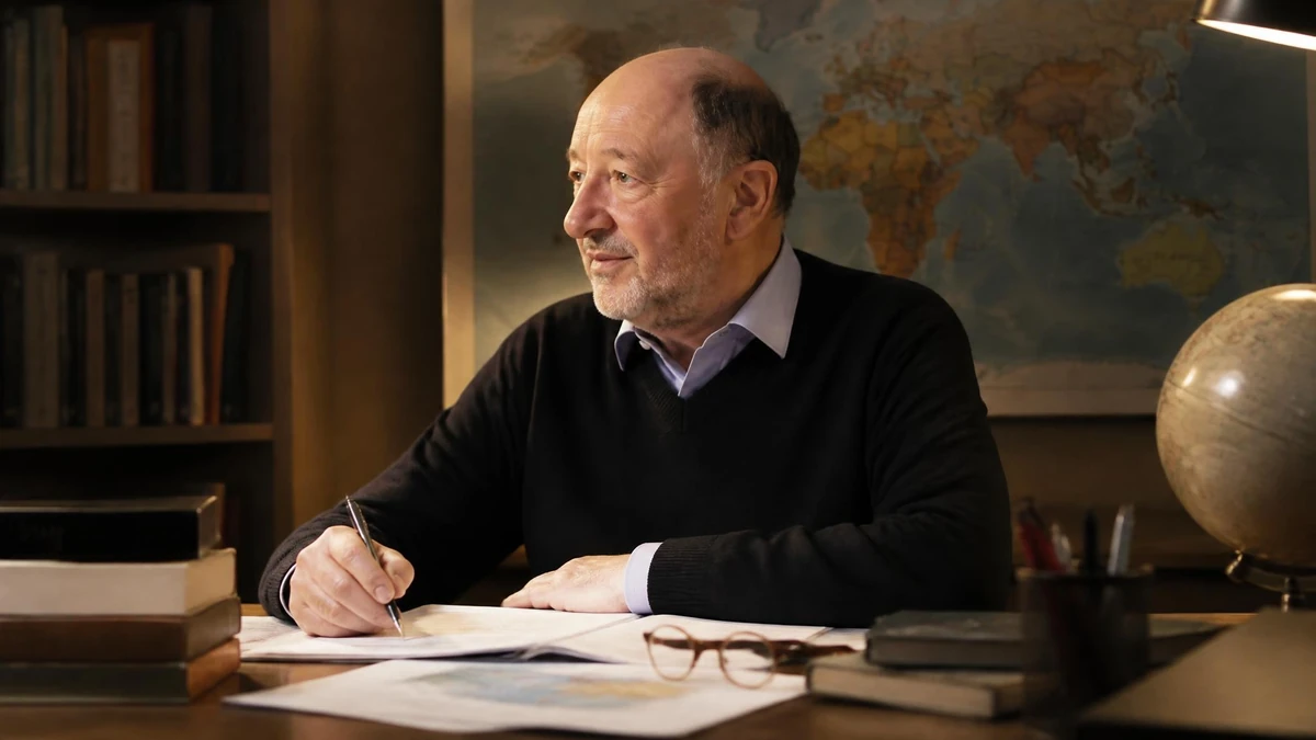François Martin travaille assis à son bureau dans une pièce ornée d'une carte du monde et d'une bibliothèque