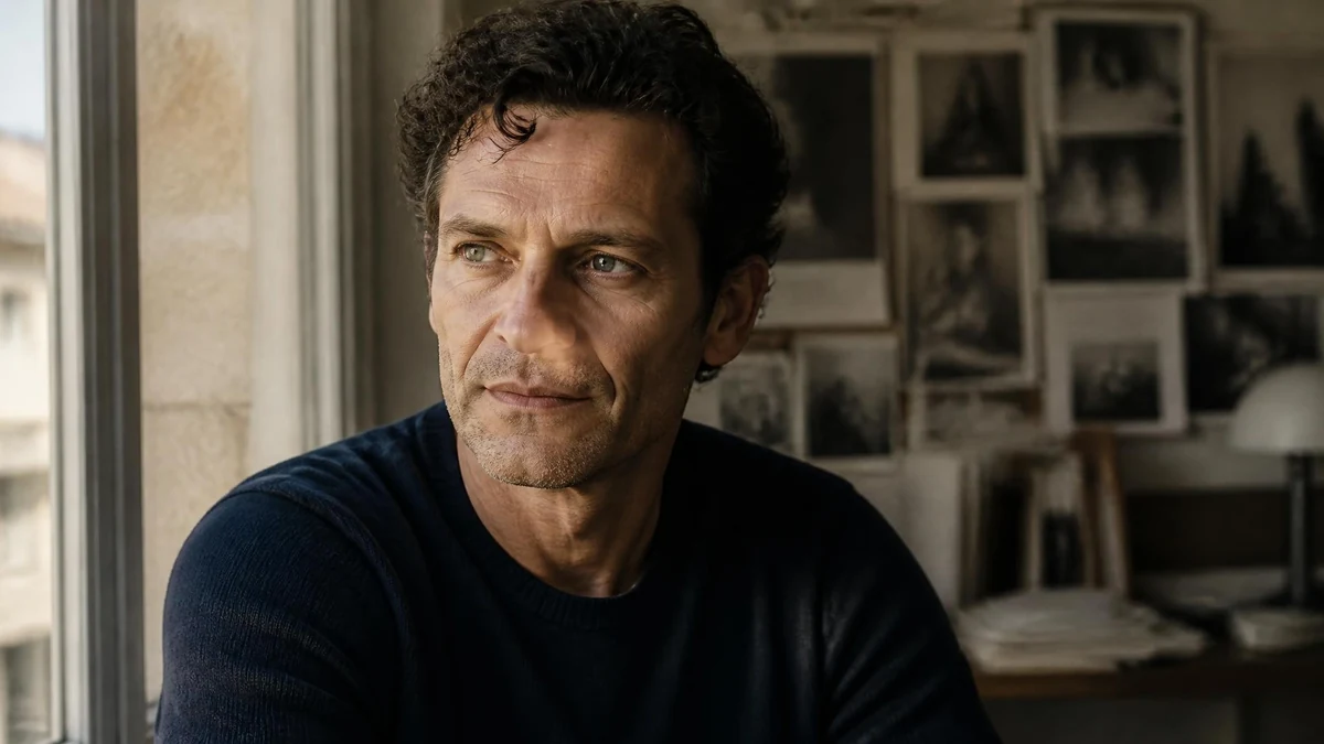 Portrait de l'acteur François Négret regardant par la fenêtre dans un intérieur lumineux