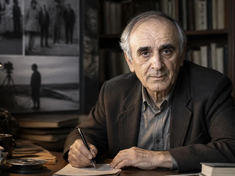 Portrait de François Niney assis à un bureau avec des livres, en train d'écrire sur une feuille de papier