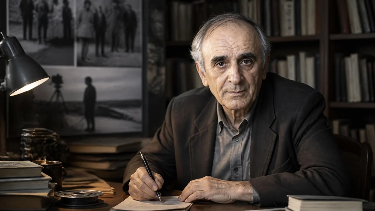 Portrait de François Niney assis à un bureau avec des livres, en train d'écrire sur une feuille de papier