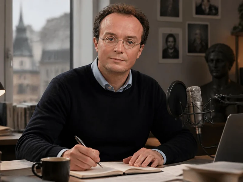 François Pérache est assis à son bureau en train d'écrire dans un carnet devant un micro de podcast
