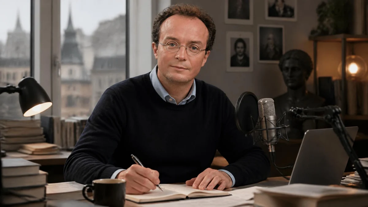 François Pérache est assis à son bureau en train d'écrire dans un carnet devant un micro de podcast