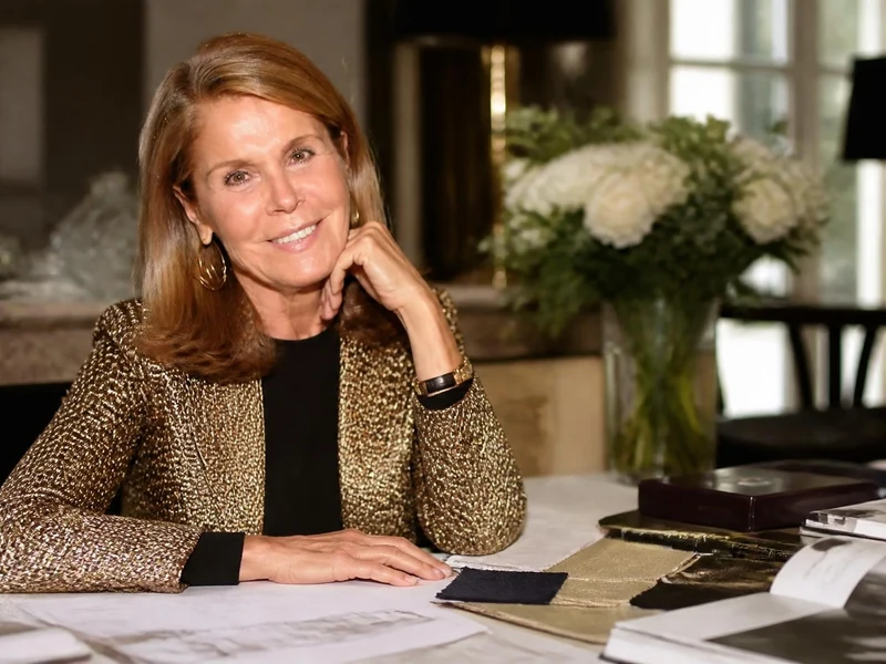 Portrait élégant de Françoise Labro souriante, assise à son bureau dans un intérieur raffiné