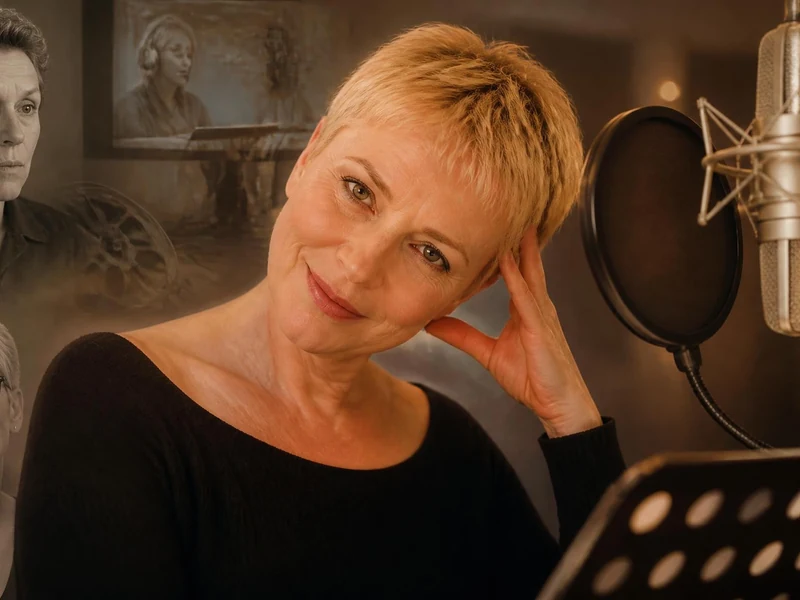 Portrait de la comédienne Françoise Vallon souriante devant un micro de studio avec des images de ses rôles en arrière-plan