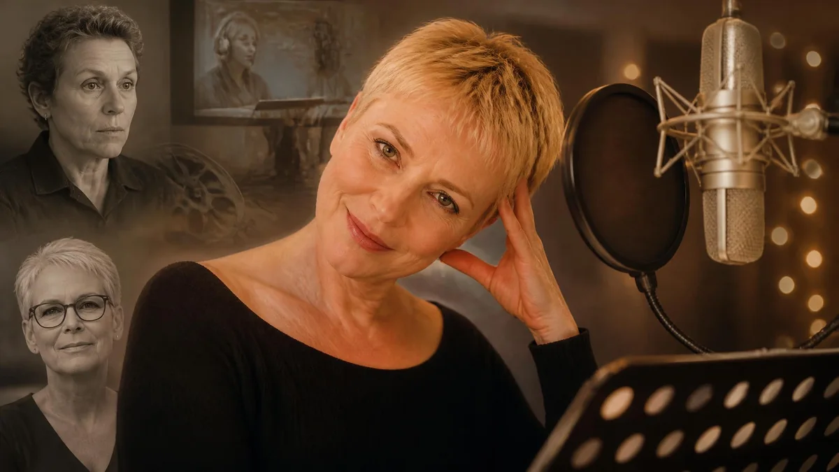 Portrait de la comédienne Françoise Vallon souriante devant un micro de studio avec des images de ses rôles en arrière-plan