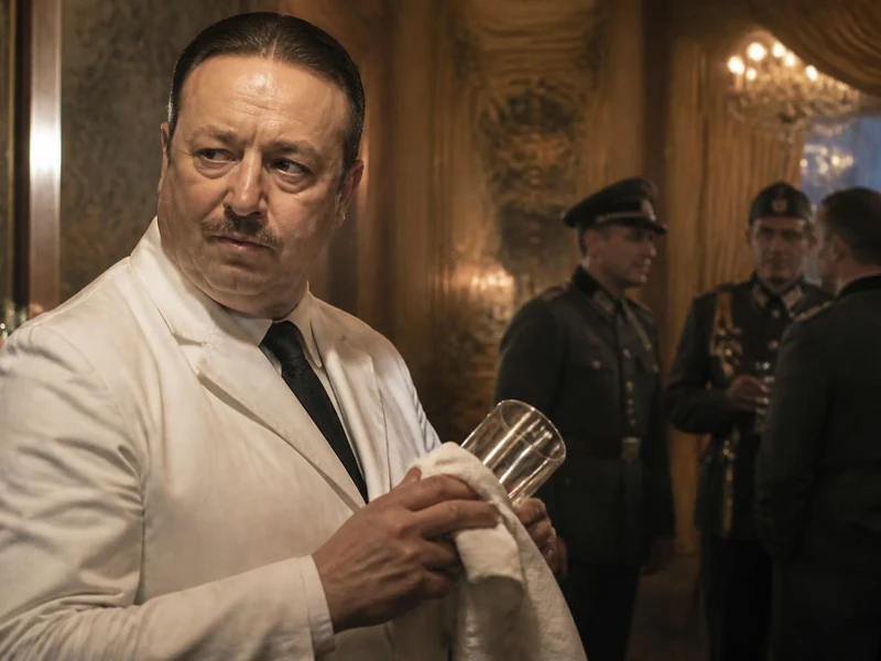 Un barman en veste blanche essuie un verre, incarnant Frank Meier au milieu d'officiers allemands dans un bar chic