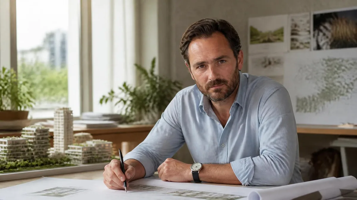 L'architecte Franklin Azzi travaille sur des plans de construction dans son bureau lumineux
