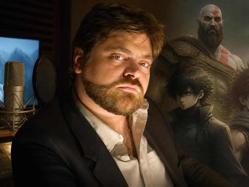 Portrait du comédien Frédéric Souterelle devant un micro avec des personnages de jeux vidéo en arrière-plan