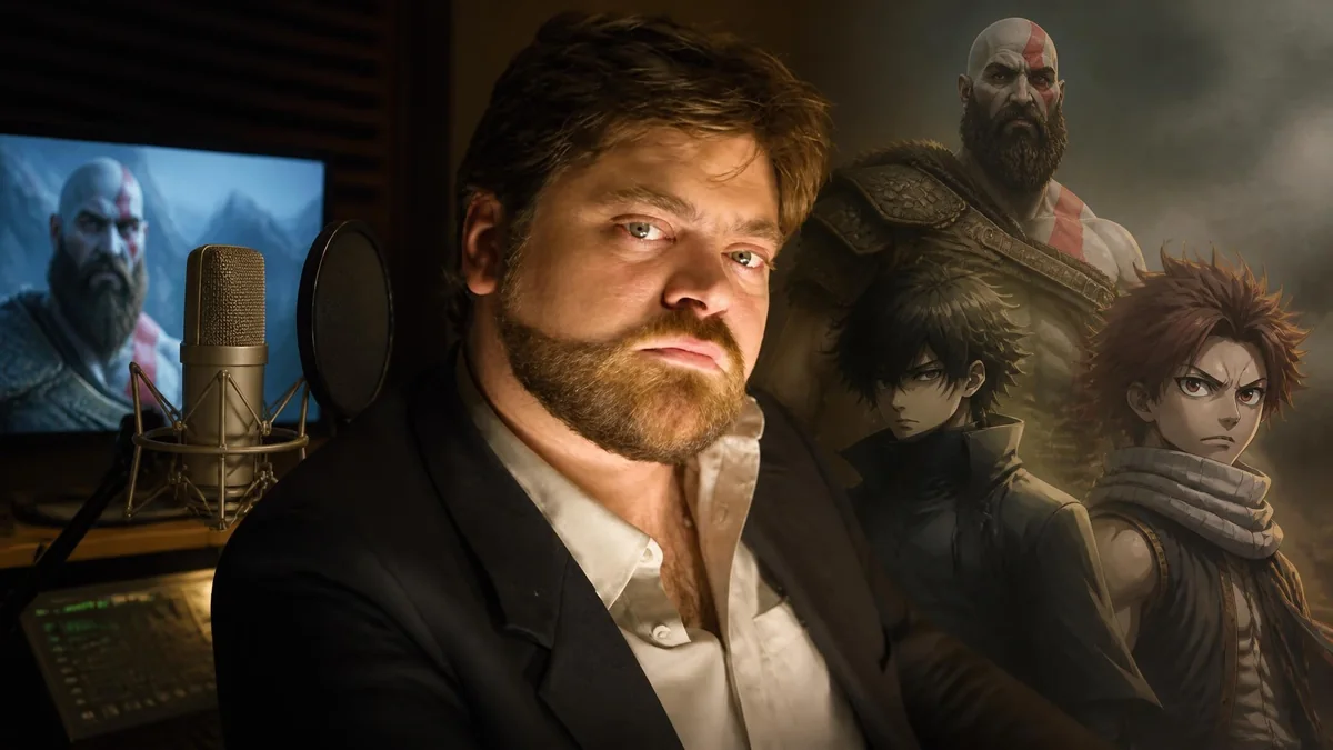 Portrait du comédien Frédéric Souterelle devant un micro avec des personnages de jeux vidéo en arrière-plan