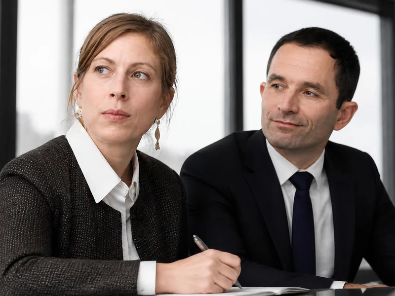 Gabrielle Guallar est assise à côté de Benoît Hamon lors d'un événement professionnel
