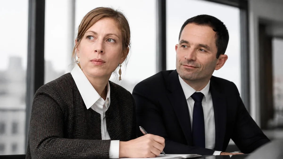 Gabrielle Guallar est assise à côté de Benoît Hamon lors d'un événement professionnel
