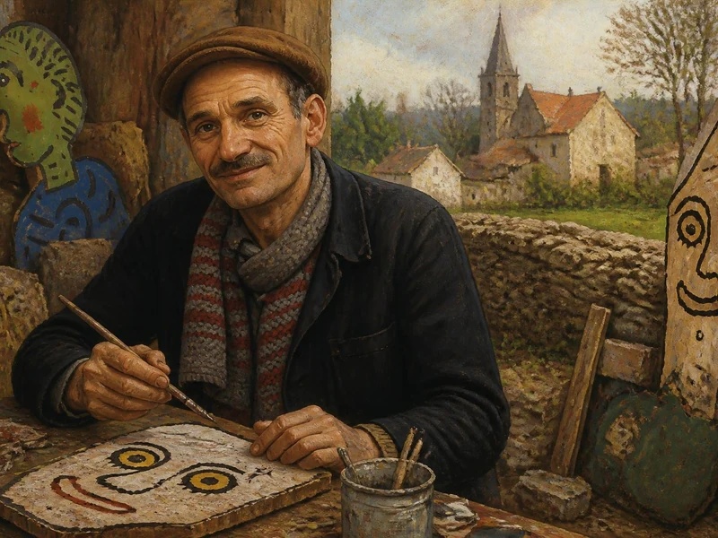 Portrait de l'artiste Gaston Chaissac en train de peindre dans son atelier entouré de ses créations singulières