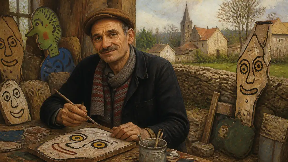 Portrait de l'artiste Gaston Chaissac en train de peindre dans son atelier entouré de ses créations singulières