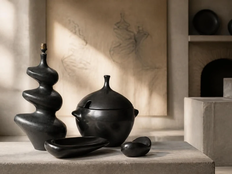 Des céramiques noires aux formes organiques créées par l'artiste Georges Jouve exposées dans un intérieur minimaliste