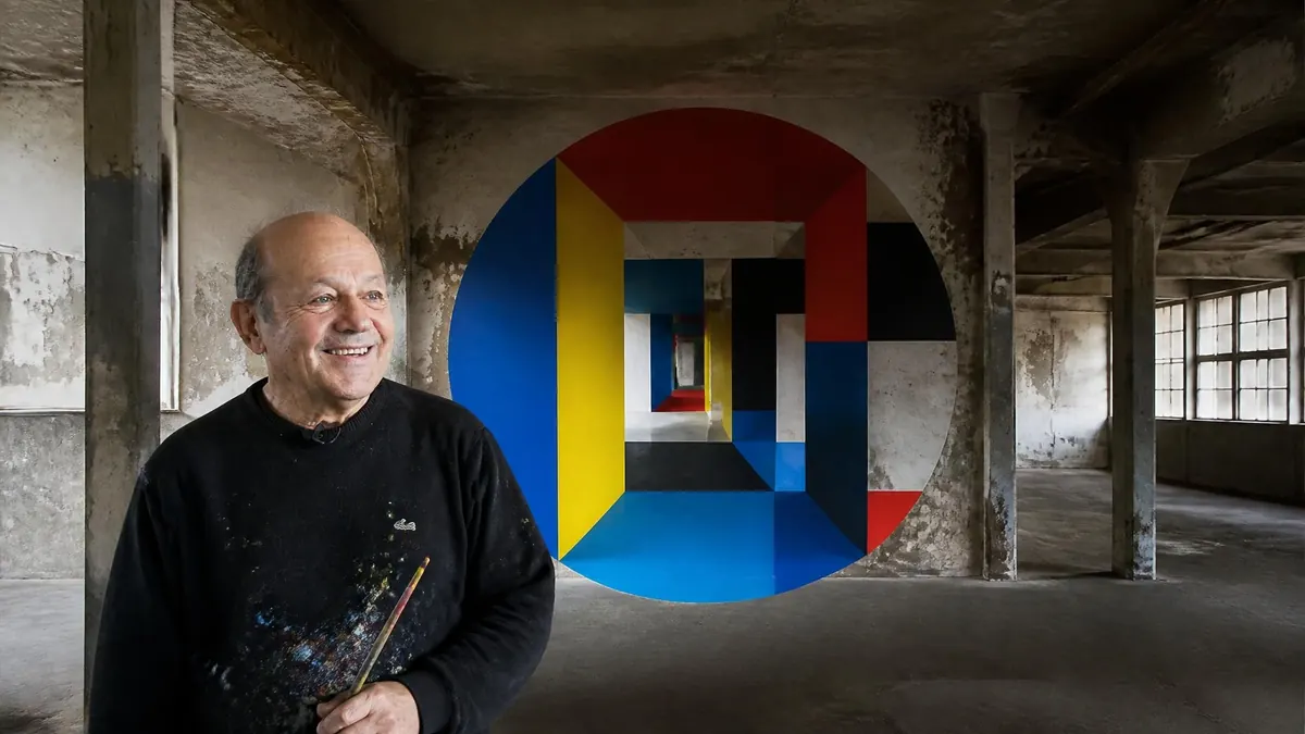 L'artiste Georges Rousse pose devant une de ses installations anamorphiques colorées dans un espace industriel abandonné