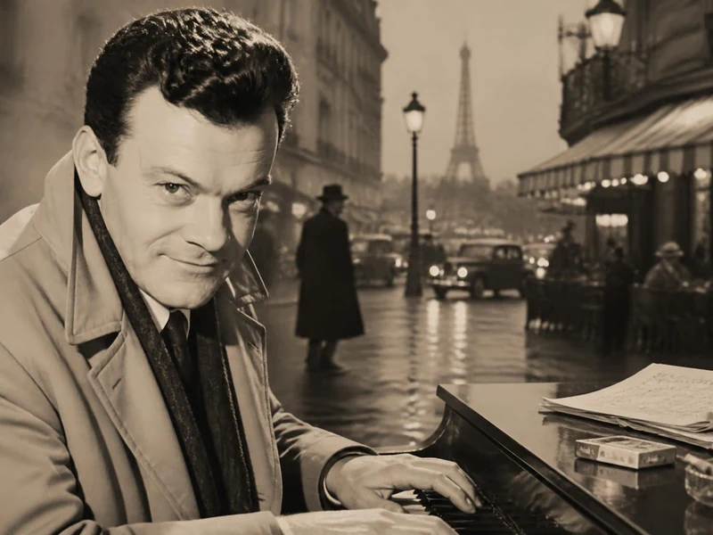 Portrait de Georges Ulmer jouant du piano dans une rue de Paris avec la tour Eiffel en arrière-plan