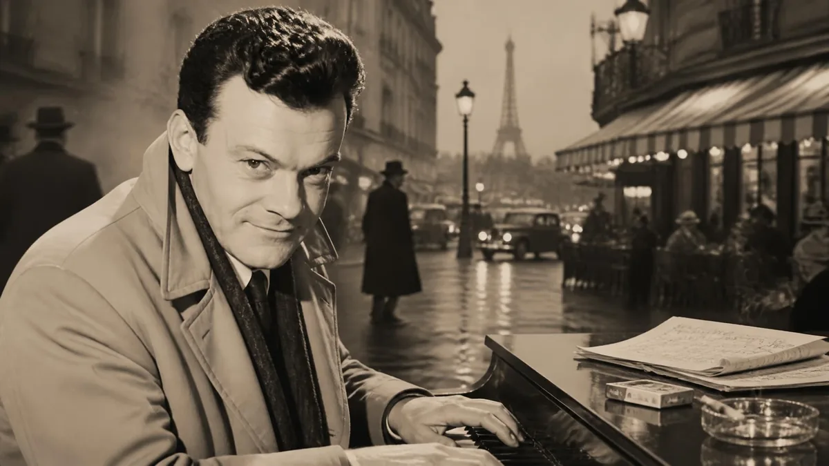 Portrait de Georges Ulmer jouant du piano dans une rue de Paris avec la tour Eiffel en arrière-plan