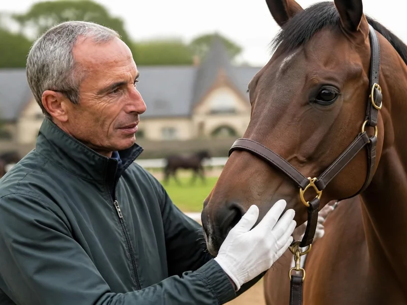 Gérald Mossé caresse doucement le museau d'un cheval de course dans un centre d'entraînement