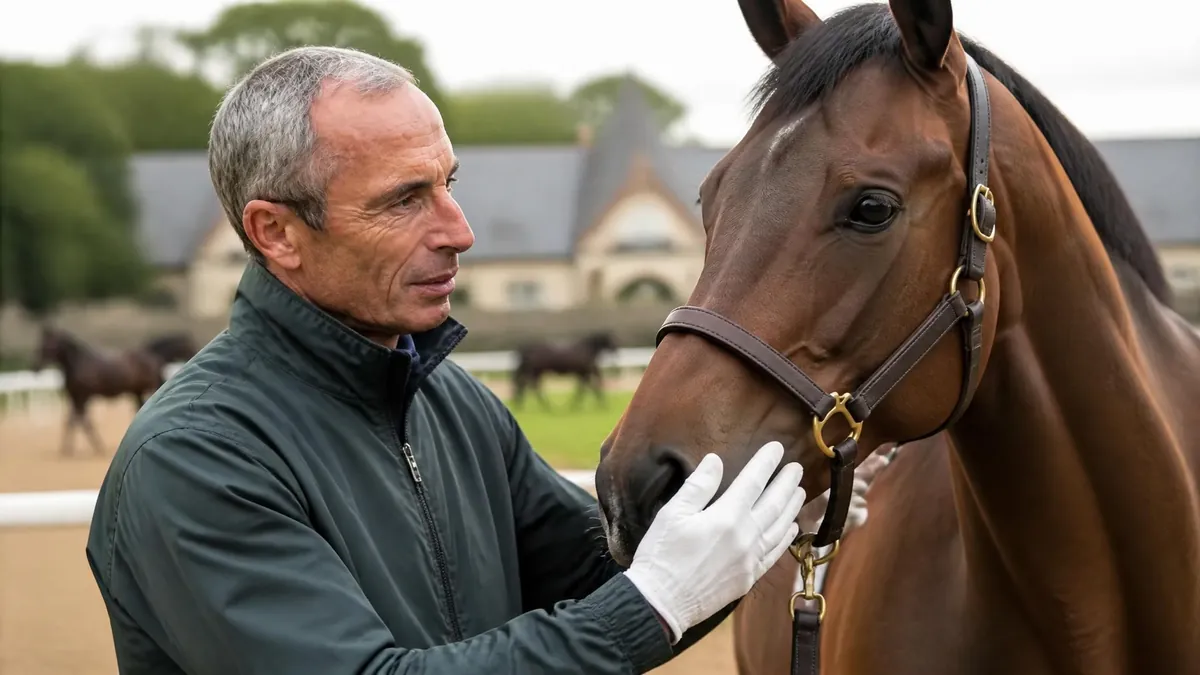 Gérald Mossé caresse doucement le museau d'un cheval de course dans un centre d'entraînement