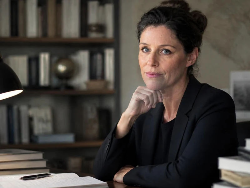 Géraldine Muhlmann posant au bureau devant une bibliothèque remplie de livres