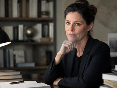 Géraldine Muhlmann posant au bureau devant une bibliothèque remplie de livres