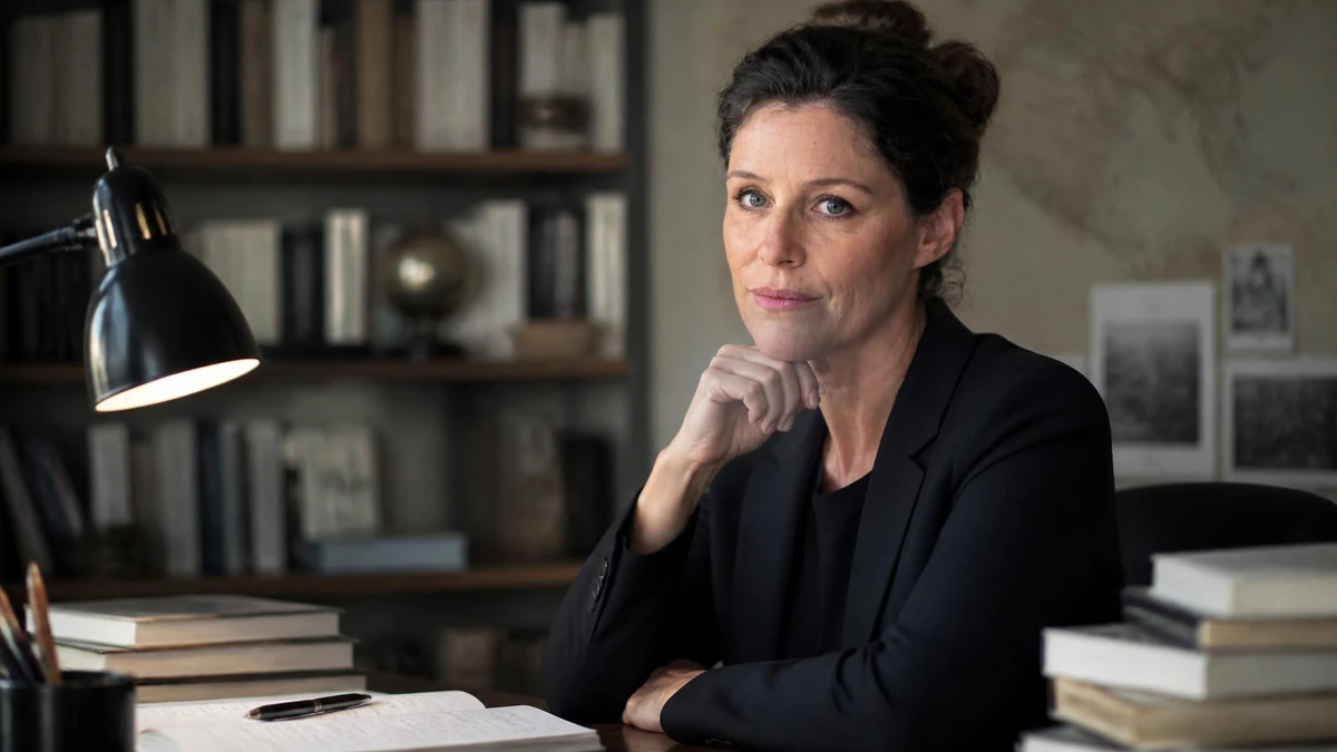 Géraldine Muhlmann posant au bureau devant une bibliothèque remplie de livres