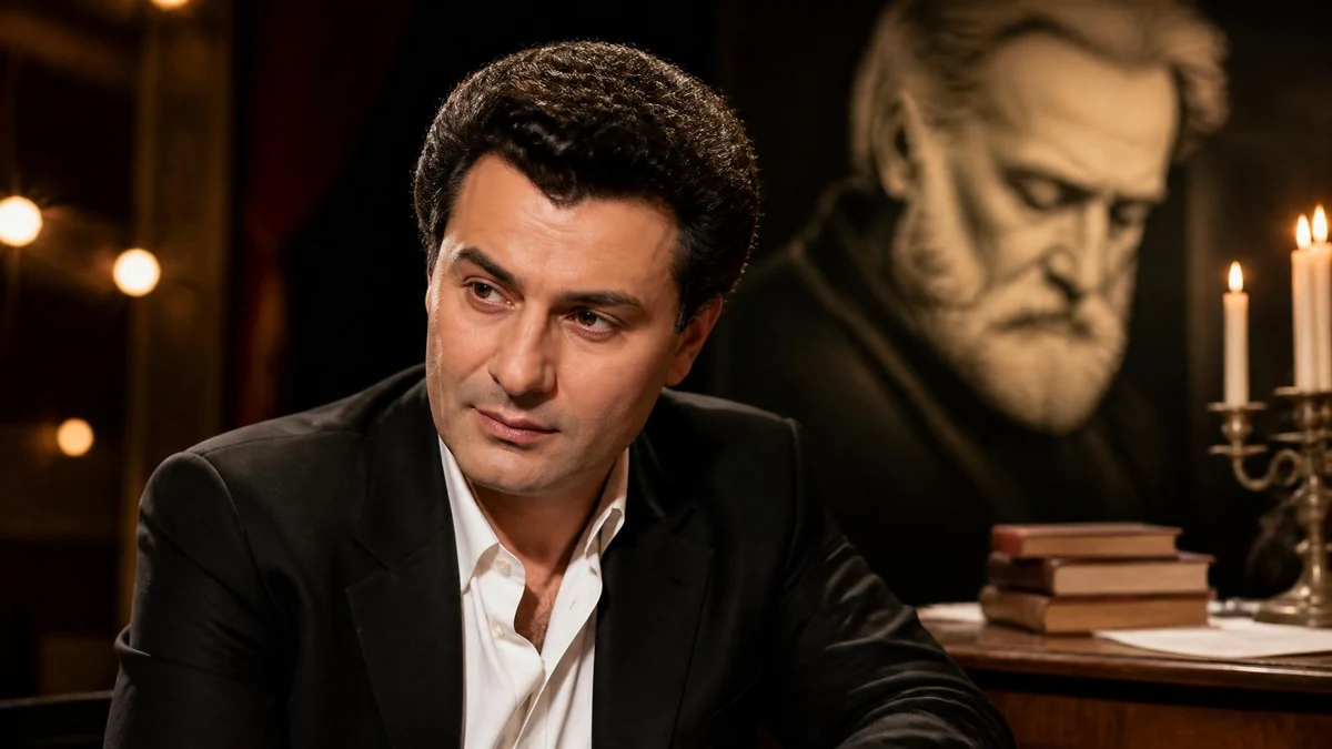 Gérard Berliner en costume sombre, posant devant un portrait dans une ambiance feutrée et théâtrale