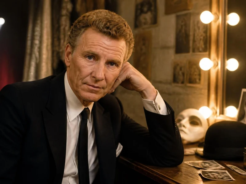 Gérard Séty assis à sa table de maquillage dans une loge de théâtre devant un miroir éclairé
