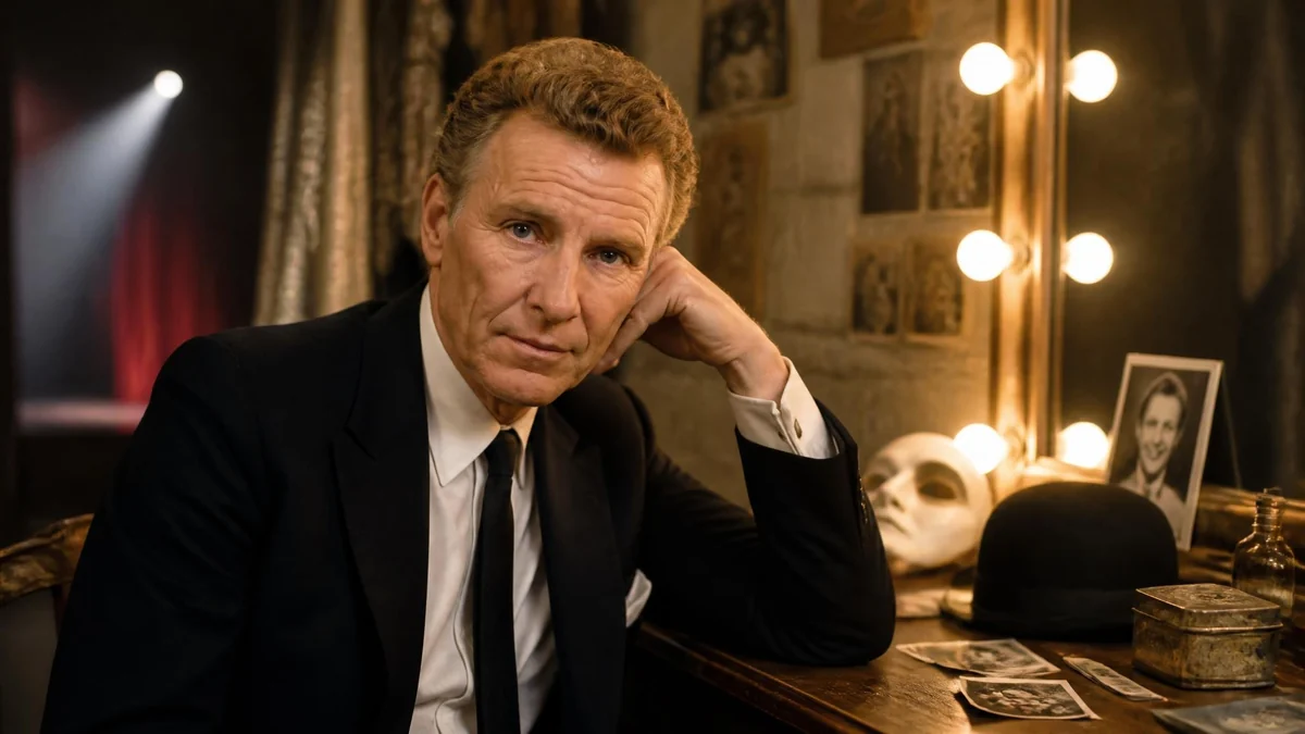 Gérard Séty assis à sa table de maquillage dans une loge de théâtre devant un miroir éclairé