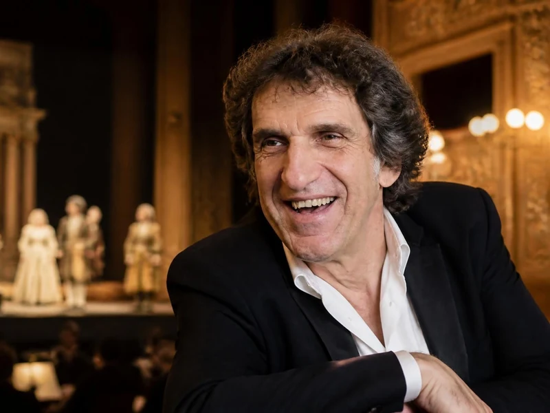 Gilles Benizio sourit devant la scène d'un opéra où des comédiens sont en représentation