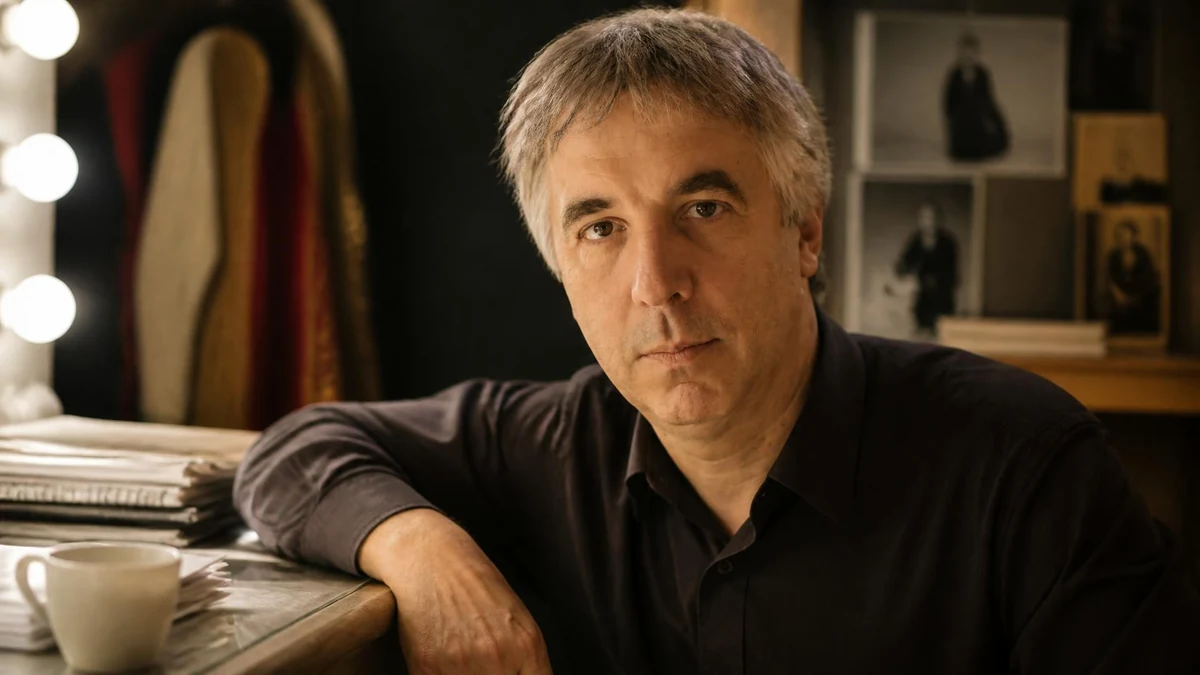 Portrait de l'acteur Gilles Privat posant dans une loge éclairée par des ampoules de miroir