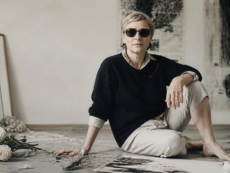 Portrait de l'artiste Gina Pane assise au sol dans son atelier entourée de ses œuvres et de fleurs blanches