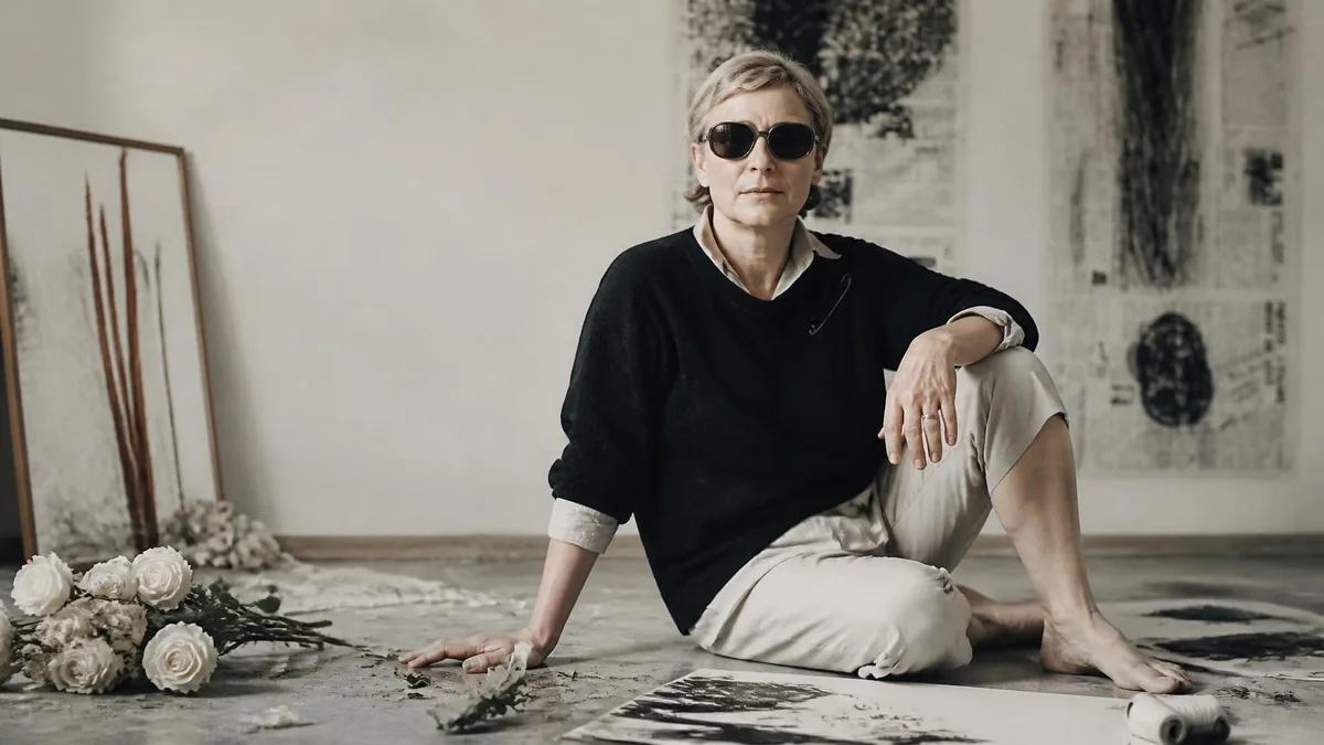 Portrait de l'artiste Gina Pane assise au sol dans son atelier entourée de ses œuvres et de fleurs blanches