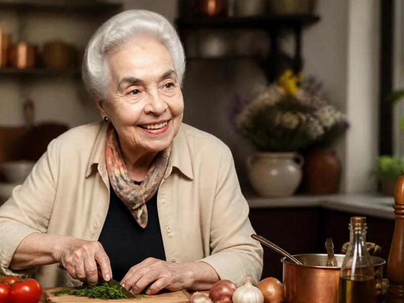 Portrait d'une femme âgée souriante préparant des herbes aromatiques dans sa cuisine qui évoque Ginette Mathiot