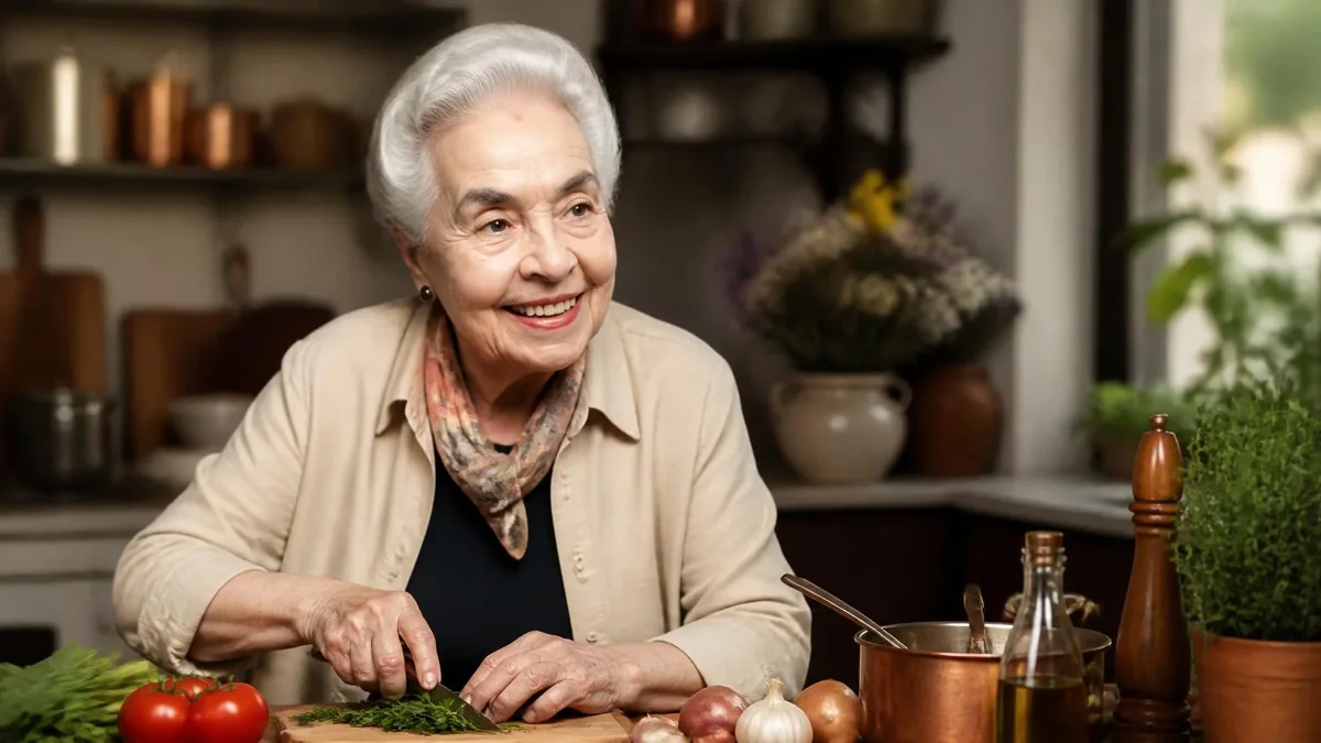 Portrait d'une femme âgée souriante préparant des herbes aromatiques dans sa cuisine qui évoque Ginette Mathiot