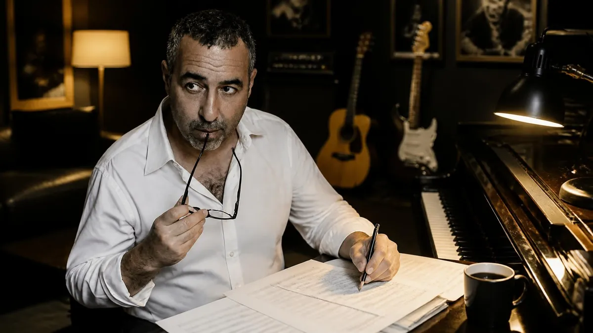 Gioacchino Maurici compose de la musique dans son studio avec un piano, des guitares et des partitions
