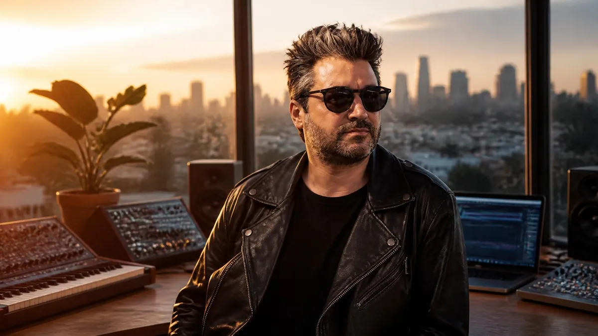 Greg Cerrone pose dans son studio d'enregistrement avec une vue urbaine en arrière-plan