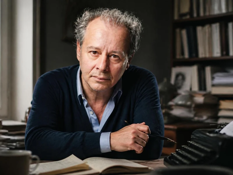 Portrait de l'écrivain Grégoire Bouillier assis à son bureau entouré de livres et d'une machine à écrire