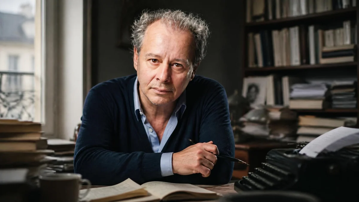 Portrait de l'écrivain Grégoire Bouillier assis à son bureau entouré de livres et d'une machine à écrire