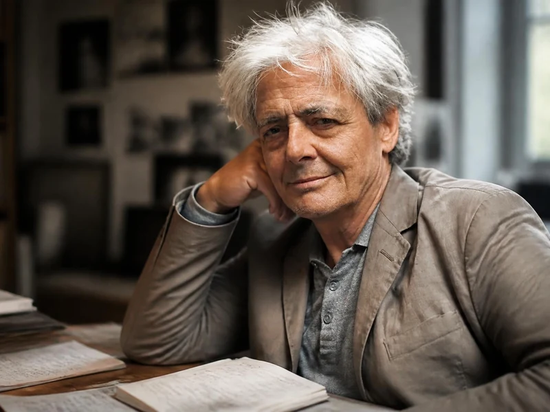 Portrait de l'acteur Grégoire Oestermann assis à son bureau avec un livre ouvert devant lui