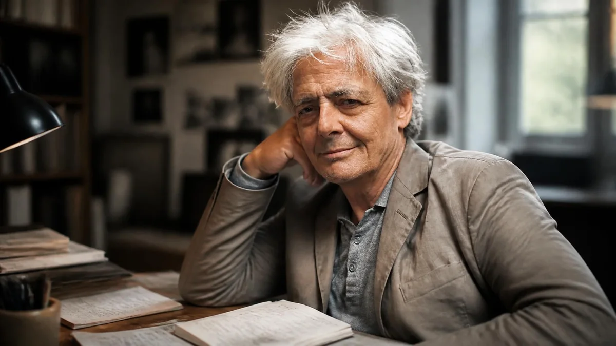 Portrait de l'acteur Grégoire Oestermann assis à son bureau avec un livre ouvert devant lui