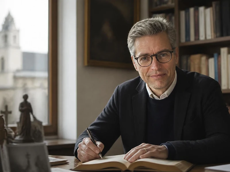 Portrait de l'historien Guillaume Cuchet travaillant dans son bureau devant une bibliothèque et une fenêtre