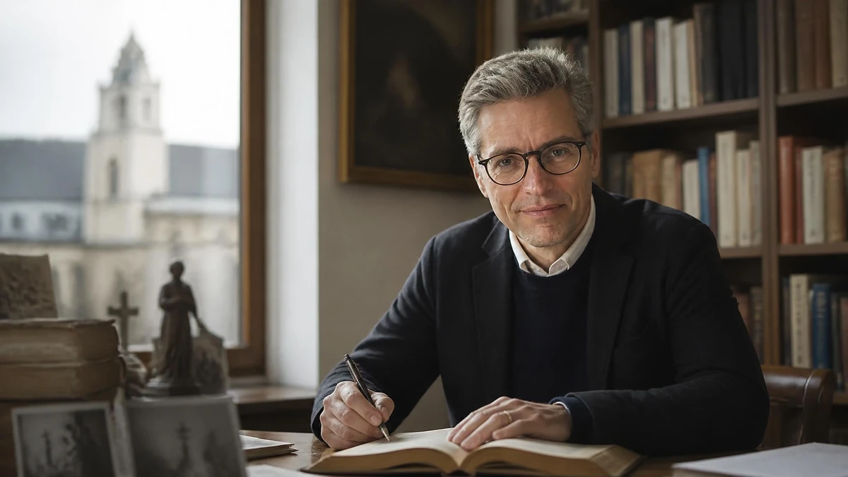 Portrait de l'historien Guillaume Cuchet travaillant dans son bureau devant une bibliothèque et une fenêtre