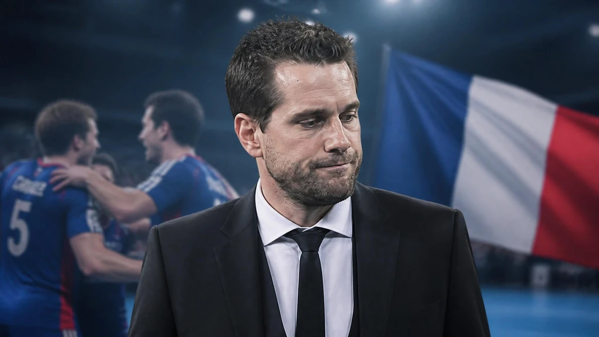 Portrait de Guillaume Gille en costume devant des joueurs de handball et un drapeau français