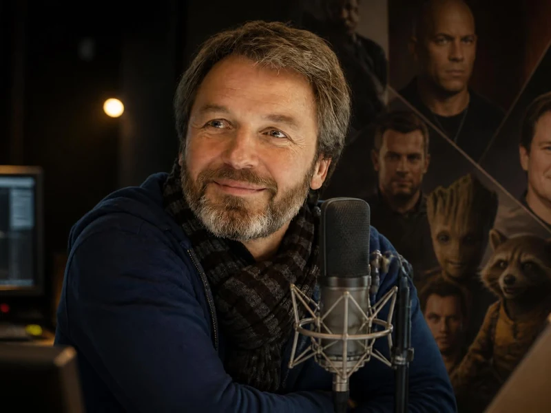 Le comédien Guillaume Orsat souriant devant un micro de studio d'enregistrement