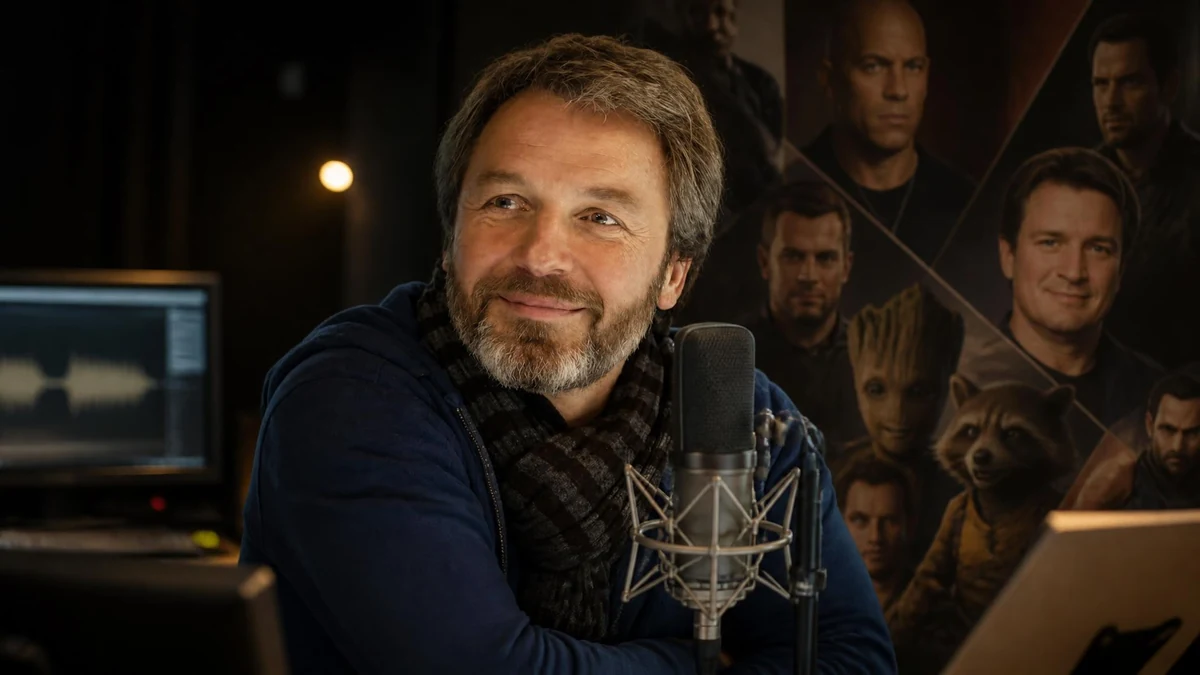 Le comédien Guillaume Orsat souriant devant un micro de studio d'enregistrement