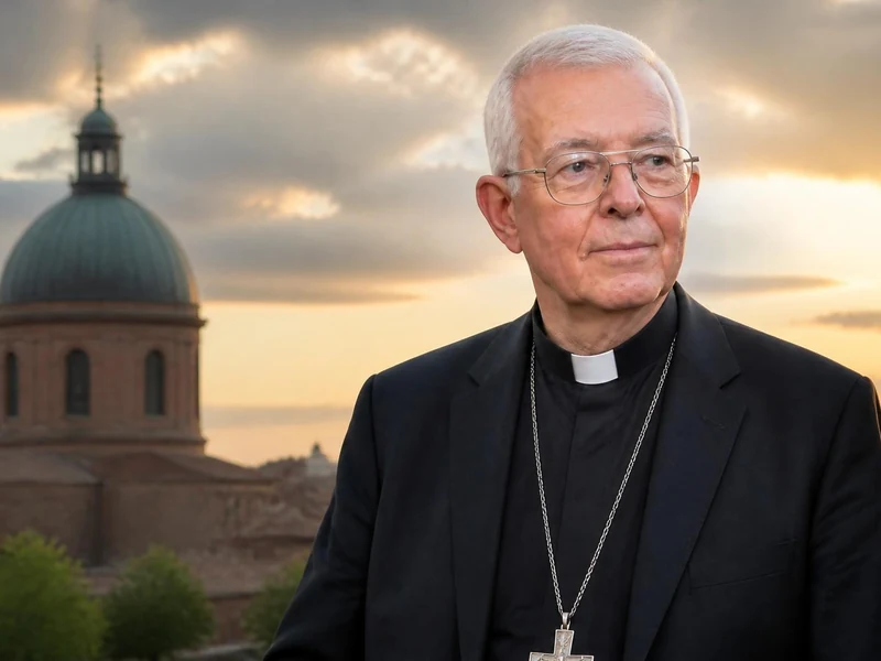 Portrait de Guy de Kerimel devant un édifice religieux au coucher du soleil