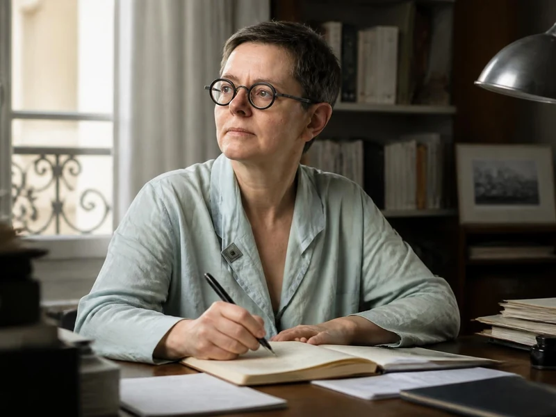L'écrivaine Hélène Gestern est assise à son bureau, concentrée, en train d'écrire dans un carnet près d'une fenêtre