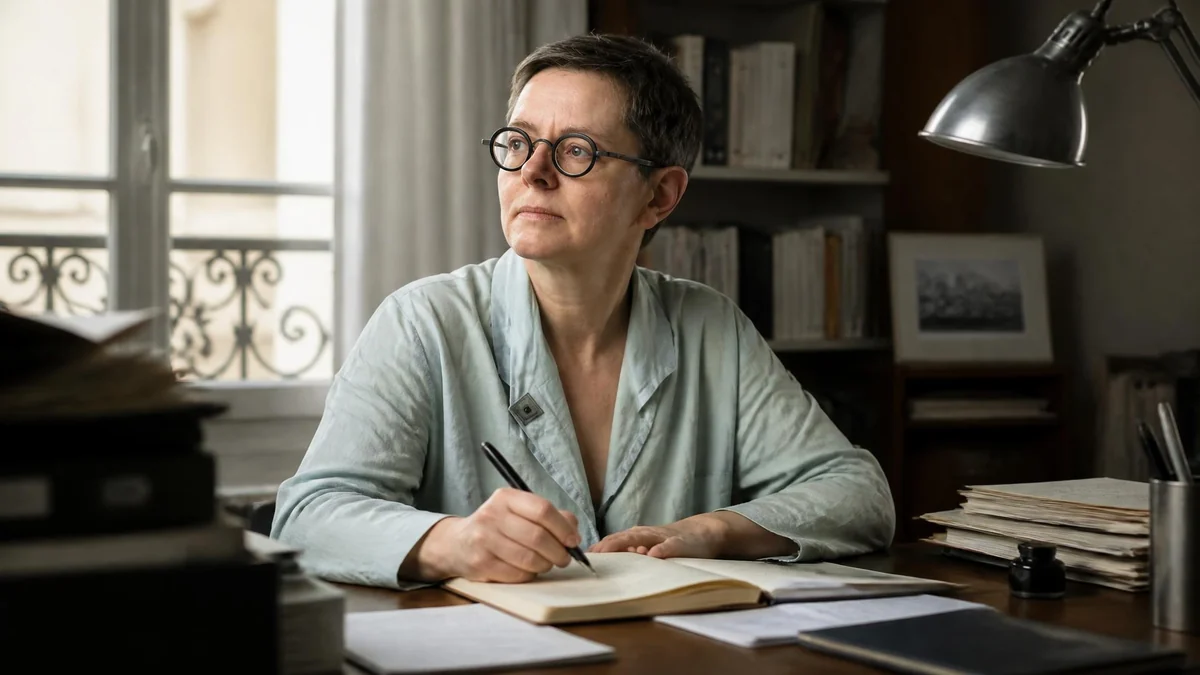 L'écrivaine Hélène Gestern est assise à son bureau, concentrée, en train d'écrire dans un carnet près d'une fenêtre