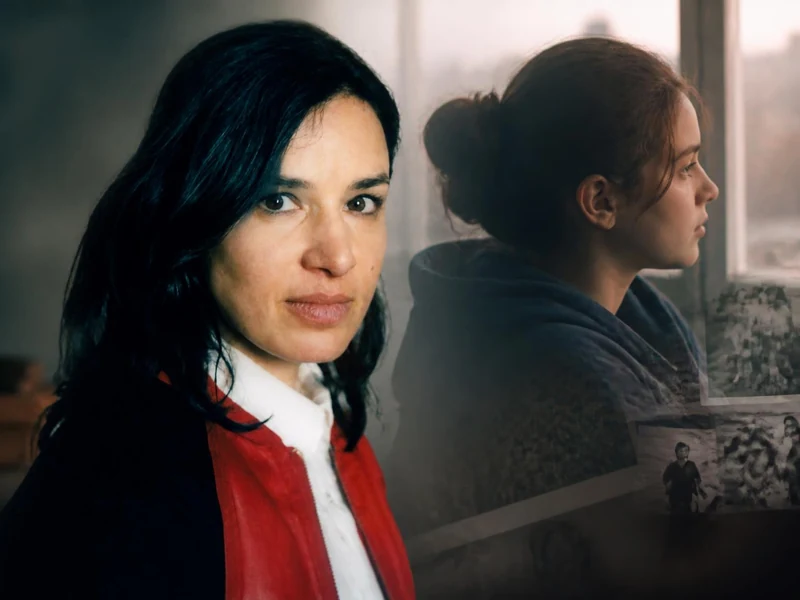 Portrait de la cinéaste Hélène Merlin avec une image superposée représentant une femme regardant par la fenêtre